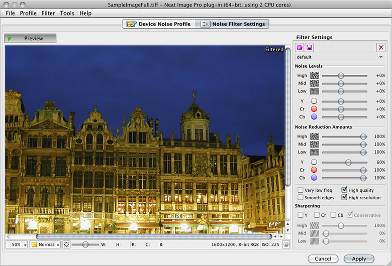 Neat Image: filter settings and preview